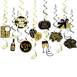 2025 New Year's Eve Decoration Hanging Swirls, Happy New Year 2025 Decorations Black Gold Swirl Streamers Streamers 2025 New Year's Eve Party Decorations for Home Indoor Outdoor New Year's Eve