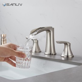 Brushed Nickel Waterfall Bathroom Faucet, Sanliv 3-Piece Widespread Bathroom Sink Faucets, 2-Handle Vanity Faucet for 3-Hole Sinks 4-8 Inch with Pop-Up Drain, Brushed Nickel