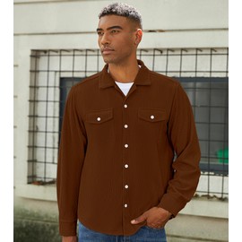 hawalili Mens Corduroy Jacket Shirts Long Sleeve Button Down Shacket Jacket with Flap Pockets Brown X-Large