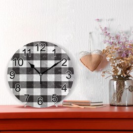 BOENLE Black White Buffalo Plaid Wall Clock Non Ticking Silent Kitchen Clock Large Decorative Battery Operated Clocks 10 inch for Living Room Bedroom Decor