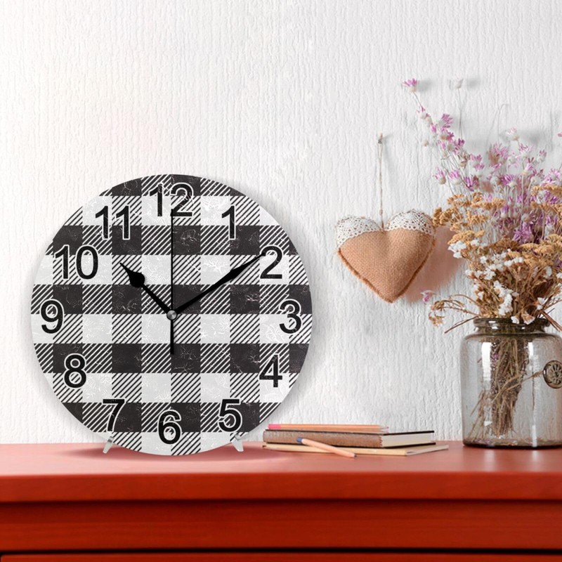 BOENLE Black White Buffalo Plaid Wall Clock Non Ticking Silent