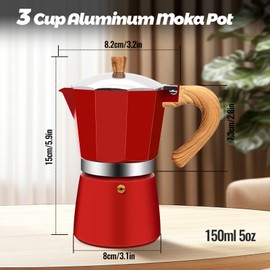 Vaolvpant 3 Cup Aluminum Moka Pot Classic Stovetop Espresso Coffee Maker 150ml 5oz Coffeemaker Percolator Mocha Express Preferred Cafe Makers for Italian and Cuban Café Brewing Red