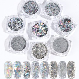 Coollooda Jewelry Parts, Nail Parts, Glitter, Glitter [6 Designs] Container, DIY Nail Art, Large Sequins, Nail Town, Glitter Glitter, Gradient Nail, Glitter Powder, Hair Ornament, Face, Body, Christmas, New Year, Party, Silver