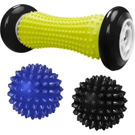 Bola de Masaje Tejido Profundo | Pelota para Aliviar Fascitis Plantar y Dolor de Pie | Roller Espigado para Hombro Espalda Pierna Mano | Masajeador Muscular con 1 Rodillo y 2 Bolas de Masaje (Negro)