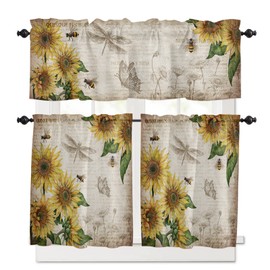 TocaHome Semi-Sheer Rod Pocket Kitchen Curtain Valance and Tiers Set,Retro Farmhouse Sunflowers and Honey Bee Vintage Background 36 Inch Length Living Room Bedroom Bathroom 3 Piece Set