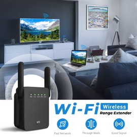 WiFi Booster 1200Mbps - Dual Band WiFi Range Extender Repeater, 5GHz & 2.4GHz Internet Booster with Ethernet Port & 4 Antennas, Ultraxtend Home Wireless Signal Booster, Quick Setup - Black