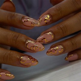 24 Pcs 3D Flower Press on Nails Short Almond Gold Floral Fake Nails with Glitter Designs Handmade False Nails Full Cover Glue on Nails Reusable Acrylic Nails for Women Nail Decoration