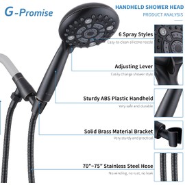 G-Promise Handheld Shower Head High Pressure 6 Spray Settings, Detachable Hand Held Showerhead 4.9 Inch Face with Extra Long Flexible Hose and Metal Adjustable Bracket
