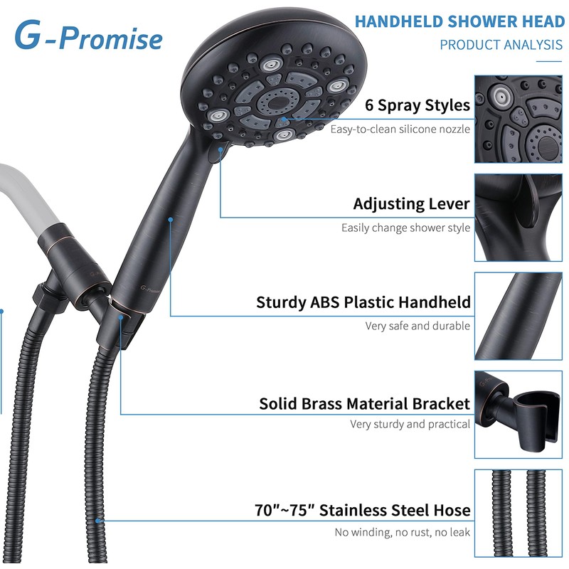 G-Promise Handheld Shower Head High Pressure 6 Spray Settings, Detachable