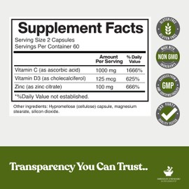 American Standard Supplements Zinc 100mg, Vitamin C 1000mg, and Vitamin D3 5000 IU (125mcg) Per Serving - Gluten Free, Non-GMO, 120 Capsules, 60 Servings