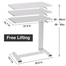Xankzi Overbed Table with Swivel Hidden Wheels Adjustable Height, Pneumatic Mobile Standing Desk Laptop Bedside Table Multi-Purpose for Home and Hospital Use (27''L x 15''W, White)