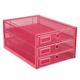 Annova Desk Organizer Wire Mesh 3 Tier Sliding Drawers Paper Sorter/Multifunctional/Premium Solid Construction for Letters, Documents, Mail, Files, Paper, Kids' Art Supplies (Pink)