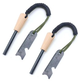 2pcs outdoor Multi-Functional Bottle opener, Scraper, Paracord, Braided Fire Stick,Waterproof Magnesium Rod,Magnesium Strip,Wooden Handle, Flint Stone,Portable Survival Essentials For outdoor Camping