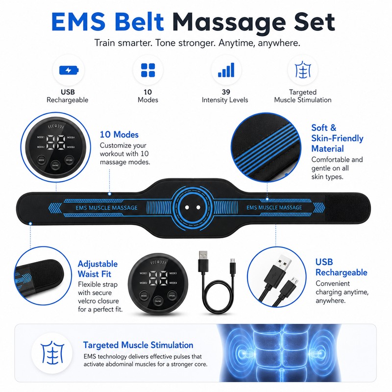 EMS Abdominal Belt for Home Fitness – USB Rechargeable Muscle