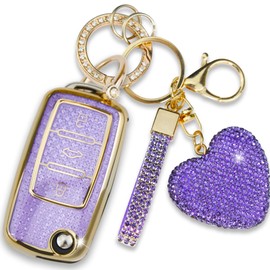 Simocky for VW Key Fob Cover with Heart Keychain, Car Key Shell for Women, Compatible with Volkswagen Jetta Golf Polo MK6 Passat Tiguan Beetle Smart Remote Key Protector (3 Buttons-Purple)