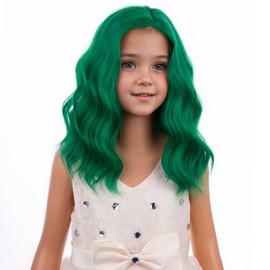 PATTNIUM Kids Child Green Wig Short Curly Wavy Wig for Girls Dark Green Wigs Synthetic Hair Wigs
