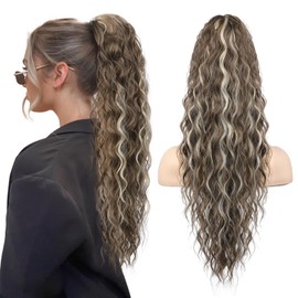 SEIKEA 24" Highlight Ponytail Extension Claw, PT002 Tia Long Multi Layered Fluffy Thick Wavy Jaw Clip in Fake Pony Tails Fake Hair Soft Natural Synthetic Hairpiece Medium Brown Ash Blonde Highlights