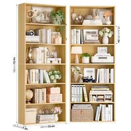 FOTOSOK 70.8" Tall Bookcase Shelf, 6 Tier Bookshelf with Storage, Open Shelf Bookcase Set of 2, Skinny Display Bookshelf for Living Room, Home Office, Natural