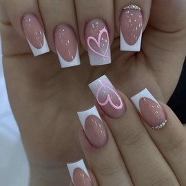White French Tip Press on Nails Short Square Fake Nails Heart with Rhinestones Design Cute Nails Press ons Glossy Pink False Nails Stick on Nails for Women Girls Manicure Salon 24Pcs