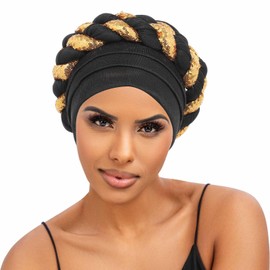 Wosois Hair Turbans African Turban Double Braid Pre-Tied Head Scarf Twisted Stretchy Sequin HeadWrap for Women Fashion