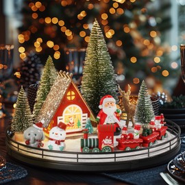 12 Pcs Christmas Village Set - 13" Oak Wooden Lazy Susan with Santa Train, House & Trees – Indoor Christmas Centerpiece Decor for Holiday Coffee Table, Dining Table, or Mantel Decor