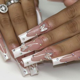 24Pcs White French Tip Press on Nails Long Square Fake Nails with Metal Butterfly Designs Rhinestones False Nails Glossy Acrylic Nails Full Cover Nail Tips Artificial Nails for Women Daily Wear