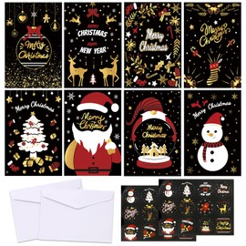 HOWAF 32 Pack Black Christmas Greeting Cards with Envelopes and Stickers, Reindeer Xmas Tree Gnome Snowman Snowflake Cards for Winter Holidays, Xmas, New Year, Gift Giving, 8 Designs