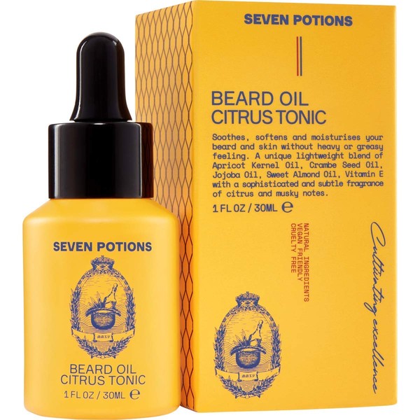 Seven Potions Premium Beard Oil for Men — Jojoba Oil Beard Softener to Nourish Skin, Hair, and Stop Beard Itch — All-Natural, Vegan, Cruelty Free — Citrus Tonic Scent (30ml)