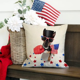 RLCMO Patriotic Star Stripes Dog Throw Pillow Cover 18 x 18 Inch Linen for 4th of July Independence Memorial Day Sofa Couch Decor Family Room Home Decor Car Cushion Cover