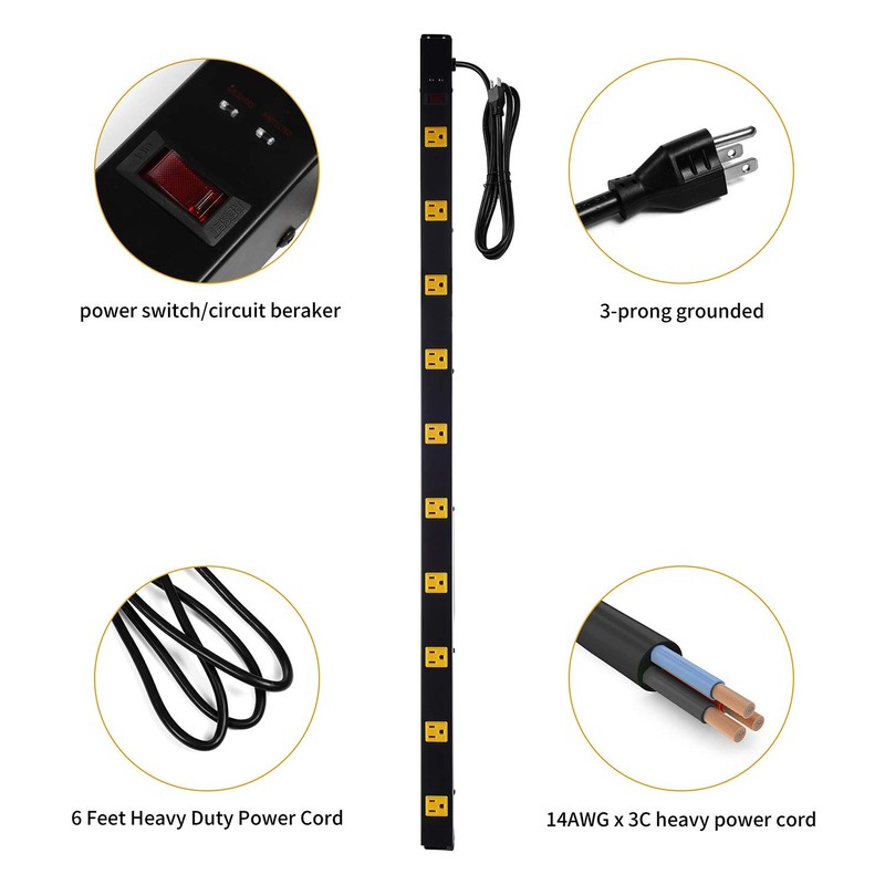 10-Outlet Heavy Duty Power Strip Surge Protector Metal Long Extension