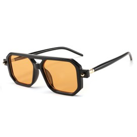 BUTABY Retro Square 70s Flat Aviator Sunglasses Women Men Vintage Trendy Plastic Frame Sun Glasses UV400 Protection, Black Frame Orange Lens, Medium
