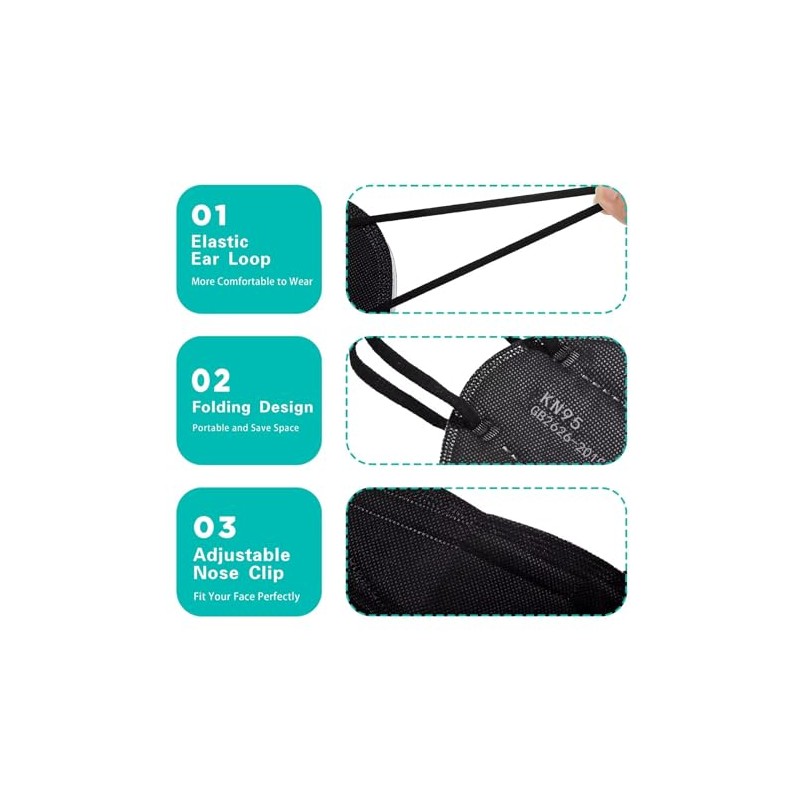 LEMENT 50pcs KN95 Face Mask Black 5 Layer Cup Dust