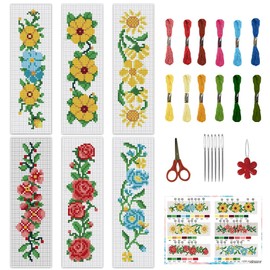 INFUNLY Set of 6 Cross Stitch Bookmarks Set with Rose Flower, DIY Cross Stitch Set, 8 x 2.4 Inches, Pre-Printed Bookmarks with Sunflowers Stamp and Instructions for Beginners, Book Lovers, Adults