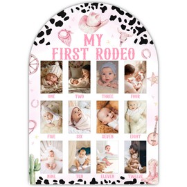 UIBOVA My First Rodeo My First Year Photo Board, Pink Cowgirl Baby Milestone Signs for Girls Boys Nursery Decor, 12 Month Wooden Picture Board for 2x3 Photos, Best Babies Keepsake Gifts-A14