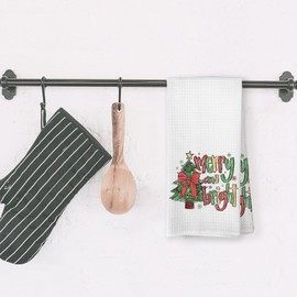 VRW Merry and Bright Christmas Kitchen Dish Towels, Christmas Tree Decor Towels Kitchen, Gifts for Holiday, Bow Snowflakes Farmhouse Hand Towels Tea Towel for Bathroom Kitchen Decor, 16x24 Inches