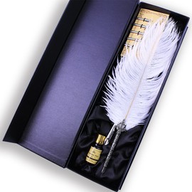 Featty Gifts Natural White Ostrich Plume Dip Quill Pen Set,Retro Crown Penholder and Crave Pattern Penstand Stem,Writing Feather Pen for Party