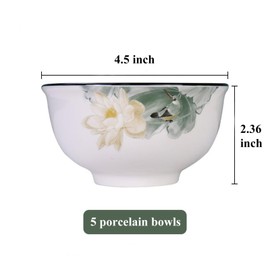 5 Pack Porcelain Bowls With Lotus Pattern, 4.5" x 2.36" Ceramic Rice Pasta Soup Ramen Serving Bowls for Kitchen Restaurant, Large Capacity Salad, Dishwasher & Microwave Safe