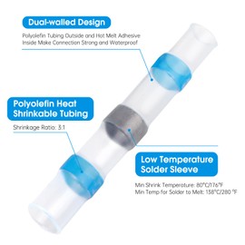 200PCS Solder Seal Wire Connectors, Duogalia AWG 16-14 Blue Heat Shrink Butt Connectors Waterproof Insulated Wire Splice Terminals for Marine Automotive Boat Wire Joint
