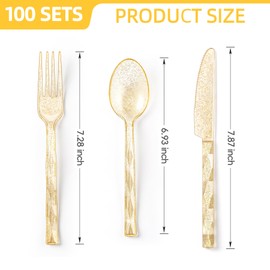 Lullaby 300Pc Heavy Duty Gold Plastic Silverware, Gold Glitter Utensil Disposable, Plastic Cutlery Set of 100 Forks, 100 Spoons, 100 Knives for Wedding, Party, Gathering, Daily Use