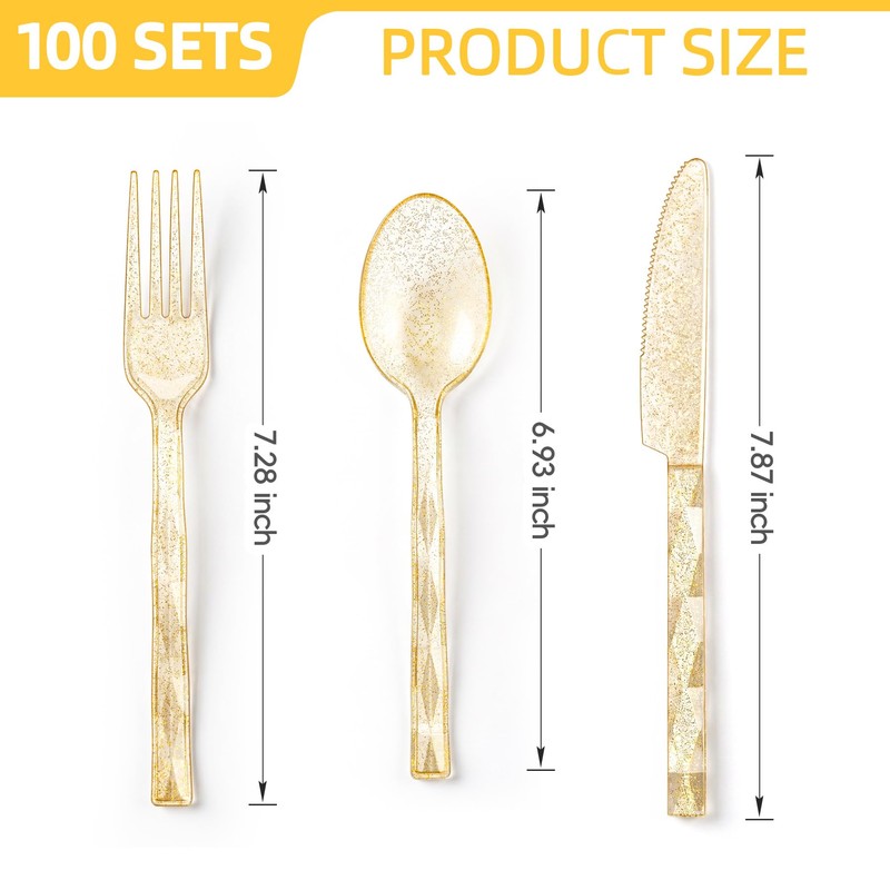 Lullaby 300Pc Heavy Duty Gold Plastic Silverware, Gold Glitter Utensil
