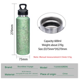 Boundless Voyage Titanium Vacuum Water Bottle Double-Walled Insulated Cup Lightweight and Leak-Proof Travel Outdoor Office School Sport Bottle (600ml green)