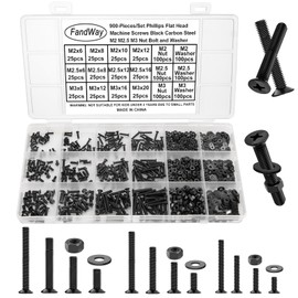 FandWay 900Pcs Bolts and Nuts Set,M2 M2.5 M3 Countersunk Machine Screws,DIN 965 Cross Flat Head Screws,Carbon Steel Black Oxide Bolts and Washers Set Phillips Drive Fully Threaded With Storage Box.