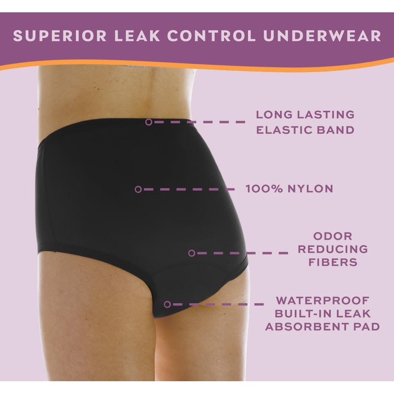 Wearever 6-Pack Women's Nylon Regular Absorbency Incontinence Panties Washable Reusable