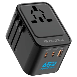 decqle International Conversion Plug, Outlet Multi Conversion Plug, 2 USB-C (GaN 65W) & 1 USB-A Port Worldwide Compatible (Supports 224+ Countries such as US/UK/Korea/Europe/Australia/China) Black