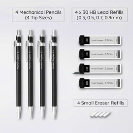 MozArt Mechanical Pencil Set with Case - 4 Sizes: 0.3, 0.5, 0.7 & 0.9mm with 30 HB Lead Refills Each & 4 Eraser Refills -Sketch, Drafting, Art, Drawing Supplies (Black)