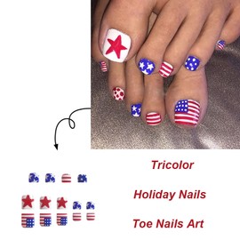 4th of July Square Fake Toenails Glossy Press on Toe Nails Short Acrylic False Toes Nails America Flag Press on Toenails with Star Desins Cute Artificial Beach Full Cover Toenail for Women Girls 24Pcs