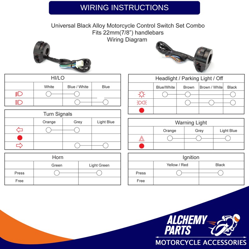 Universal Motorbike Switchgear Control Kit for 22mm 7/8" Handlebars -