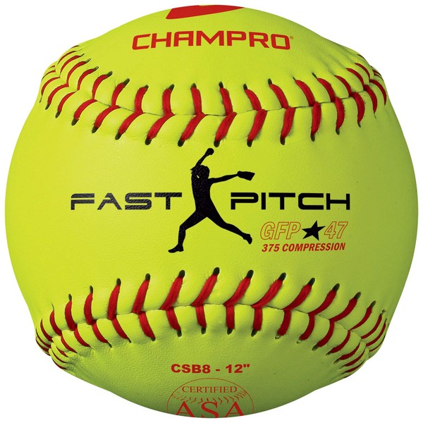 Champro Game ASA Fastpitch .47 COR, 375 Compression, Poly Synthetic Cover, Red Stiches (Optic Yellow, 12-Inch), Pack of 12