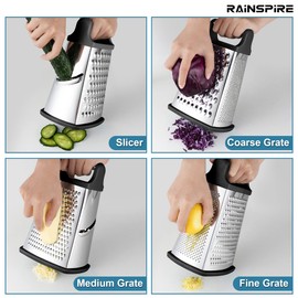Rainspire Professional Box Grater, Cheese Grater Box for Kitchen Stainless Steel with 4 Sides, Cheese and Spice Graters with Handle for Vegetables, Ginger, Potatoes, Black