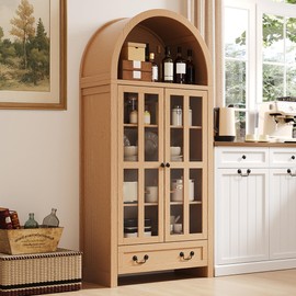 ChooChoo Arched Pantry Cabinet, Arched Bookcase with Adjustable Bookshelves and Drawers, 71" Tall Freestanding Storage Cabinet Natrual